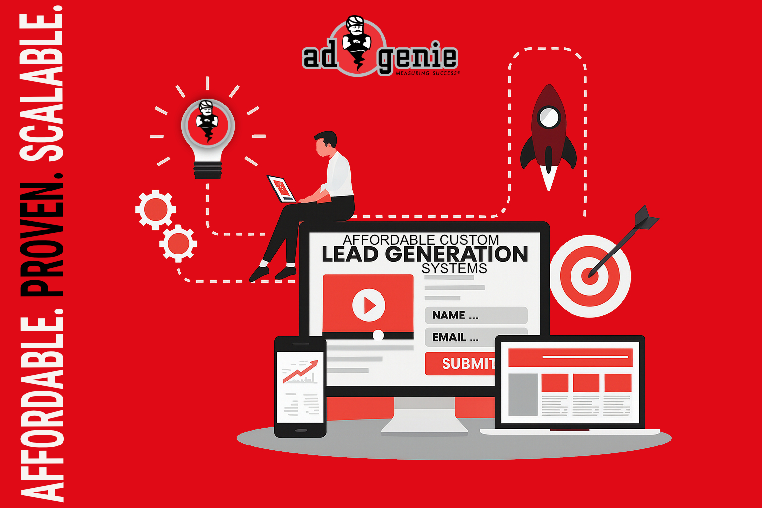 "AdGenie Affordable Custom Lead Generation Systems illustration with computer screens, mobile devices, and digital marketing icons on red background."